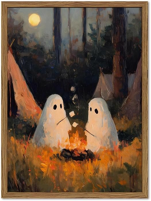 Framed Halloween Ghost Wall Art, Cute Ghosts Roasting Marshmallows by Campfire Canvas Print, Vintage Fall Forest Wall Decor, Whimsical Spooky Artwork for Living Room Bedroom Entryway 12x16 inch | Amazon (US)