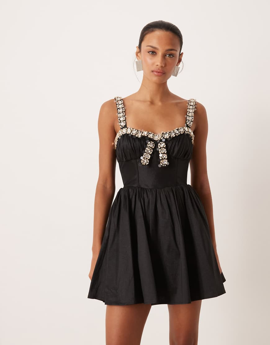 For Love & Lemons rhinestone trim mini dress in black | ASOS (Global)