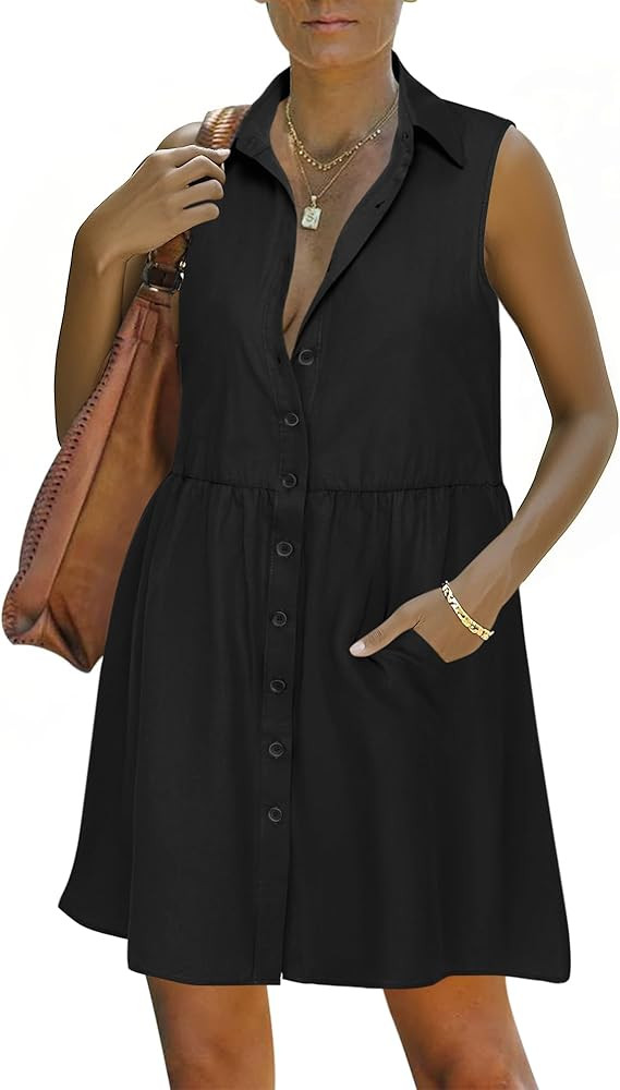 PYGFEMR Women's Summer Babydoll Dress Button Down V-Neck Sleeveless Dresses with Pockets | Amazon (US)