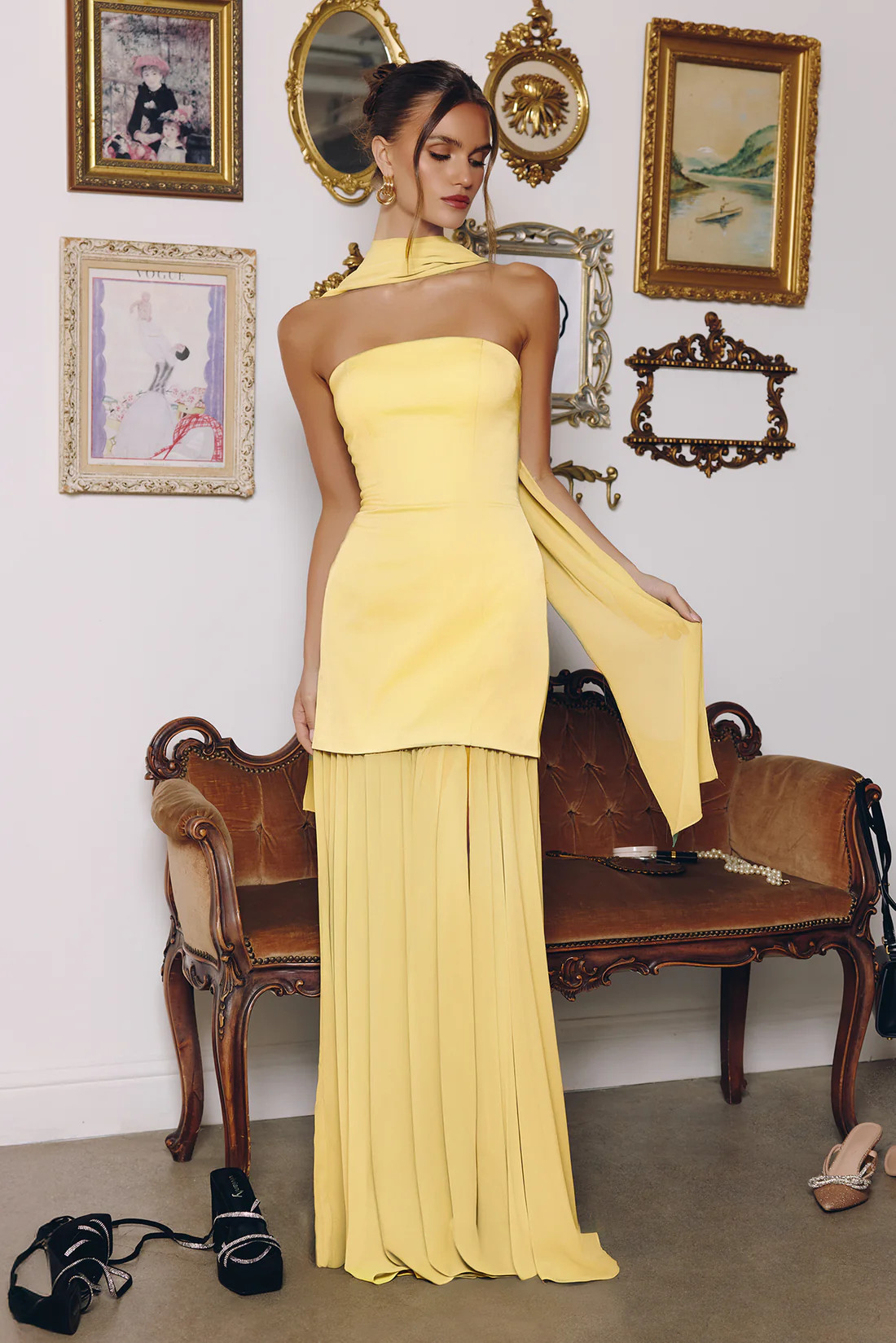 Sheila Strapless Maxi Dress With Scarf | Lady Black Tie
