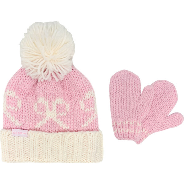 Bows Bobble Hat & Mittens Set, Pink | Maisonette