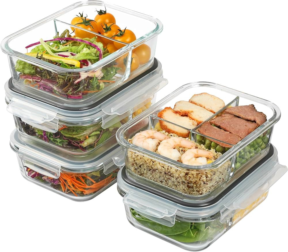 Vtopmart 5 Pack 33oz Glass Food Storage Containers with Airtight Lids, 2 & 3 compartment Meal Pre... | Amazon (US)