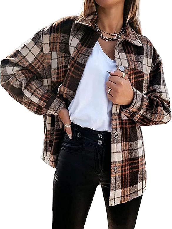 Meceku Womens Flannel Plaid Shirts Long Sleeve Button Down Blouses Oversized Casual Shacket with ... | Amazon (US)