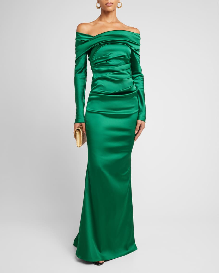Talbot Runhof Draped Off-The-Shoulder Stretch Satin Duchesse Gown | Neiman Marcus