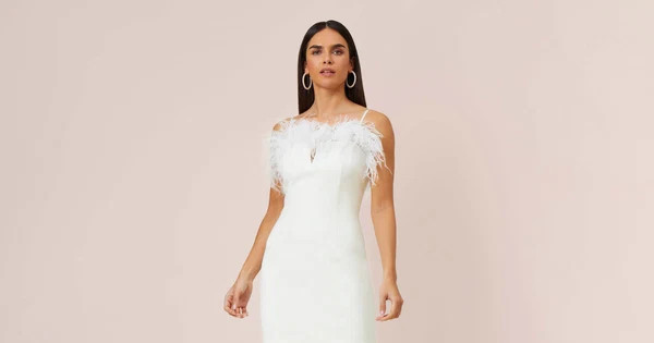 Feather Trimmed Crepe Short Sheath Cocktail Dress In Ivory | Adrianna Papell