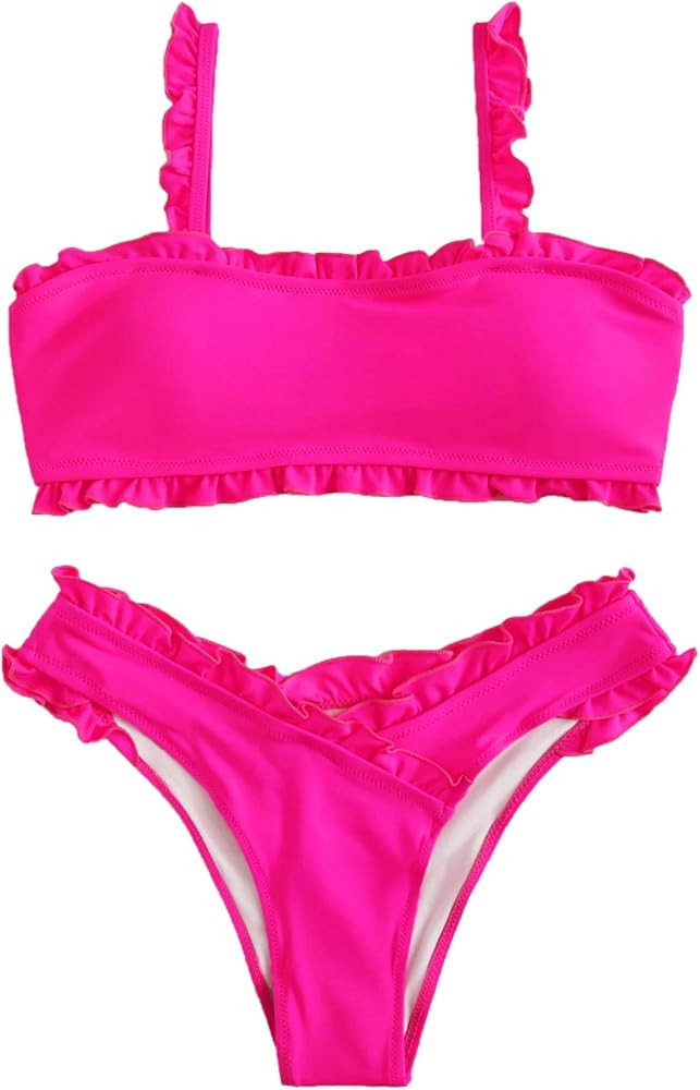 SweatyRocks Women's Bathing Suits Spaghetti Strap Ruffle Wrap Bikini Set Two Piece Swimsuits | Amazon (US)