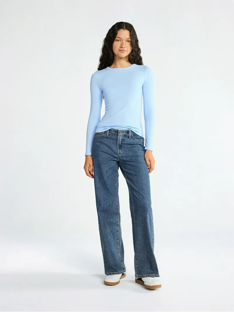 No Boundaries Ribbed Crewneck Tee with Long Sleeves, 1 or 2-Pack, Women's & Women's Plus | Walmart (US)