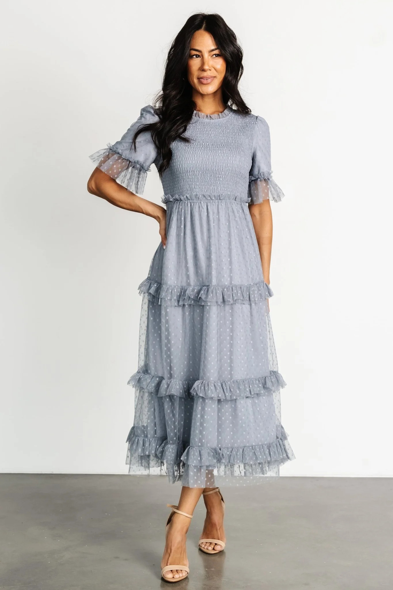 Lysandra Smocked Dot Dress | Dusty Slate | Baltic Born