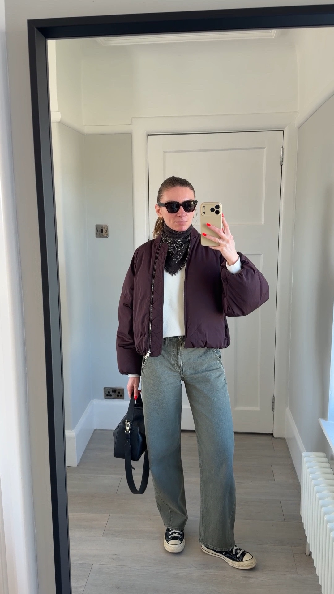 Outfit of the day
36 in the Arket bomber jacket
Small in the Uniqlo jumper
25long in the Abercrombie  barrel leg jeans
I’m 5ft 6 
Converse
Chuck 70 hi-tops
Kujten neck scarf,  can’t link on here so I’ve added similar
The horse clementine bag 