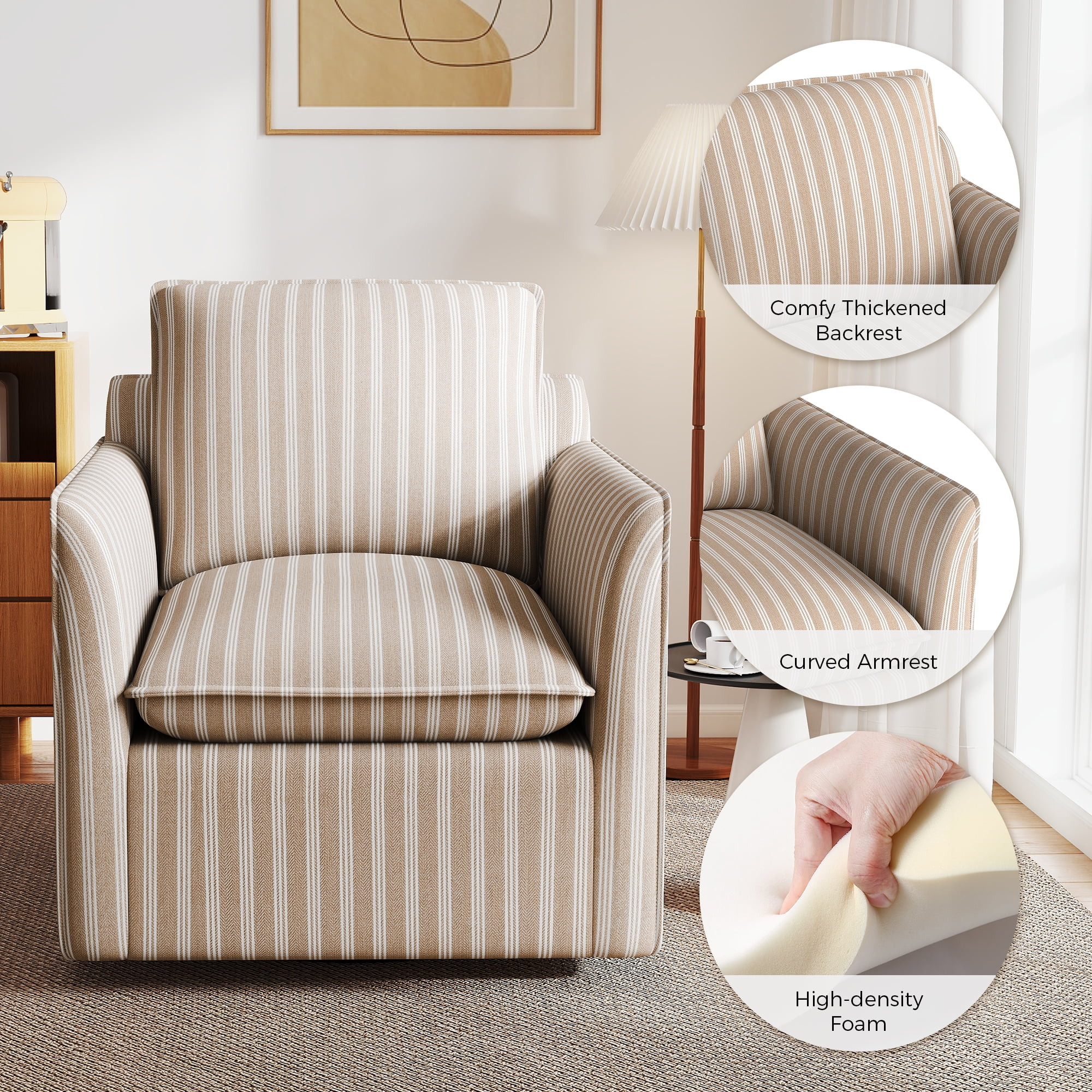 Bonzy Home 360° Swivel Chair with Thick Cushion – Brown Stripe Fabric Accent Chair for Living ... | Walmart (US)