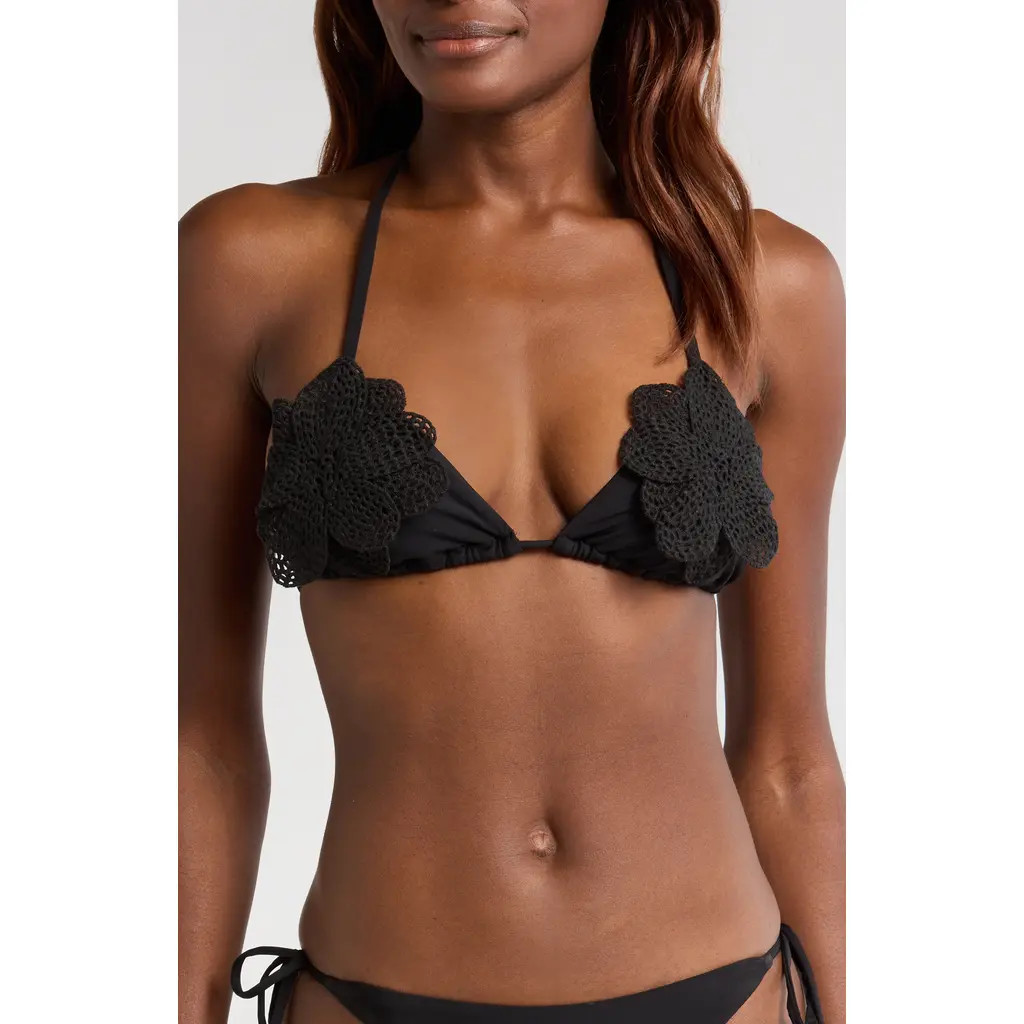 PQ SWIM Fleur Triangle String Bikini Top in Jet Black at Nordstrom | Nordstrom