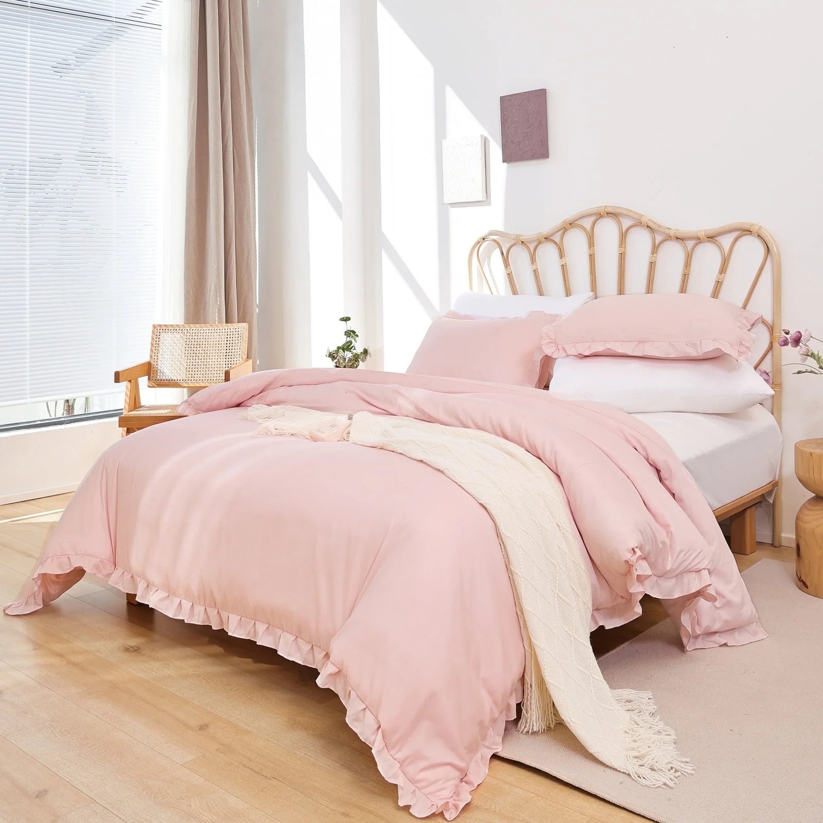 SPRINDAY King Size Comforter Set For Adult, 3 Piece Ruffle Pink Bedding Comforter Set All Season | Walmart (US)