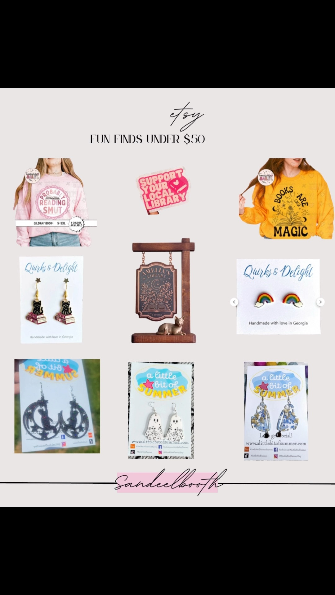 📚✨ Etsy Fun Finds — All Under $50! ✨📚
Support small businesses and add a little whimsy to your wardrobe with these Etsy treasures. From book-lover sweatshirts to handmade earrings that bring serious personality, every piece is under $50 and full of charm.

🛍️ Featured:
	•	Bookish graphic sweatshirts (“Books Are Magic” + “Probably Reading Smut”)
	•	“Support Your Local Library” vinyl sticker
	•	Personalized wooden bookshelf signs
	•	Handmade earrings: book stacks, rainbows, moons, ghosts, and stars
	•	Small shops you’ll love supporting!

Perfect for gifting or treating yourself 💌
Tap to shop these Etsy under $50 finds + support makers who make it magical!

#etsyfavorites #bookishfashion #handmadeearrings #smallbusinesslove #ltkunder50 #supportlocalmakers #ltkaccessories #booklovergift #booktokstyle #cozyfashionfinds #bookishgirlstyle #whimsicalstyle

#LTKSaleAlert #LTKWorkwear #LTKFindsUnder50