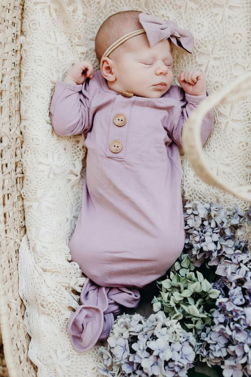 Dusty Purple Bamboo Knotted Gown & Hat | Caden Lane