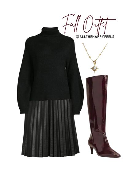 Midsize Fall outfit - black sweater, faux leather skirt, leather pleated skirt, size 14 skirt, knee-high patent leather boots, patent leather boots, tall boots, gold opal necklace, fall look, fall style, Vince Camuto, eloquii, size 9 boots, allthehappyfeels

#LTKmidsize #LTKover40 #LTKSeasonal
