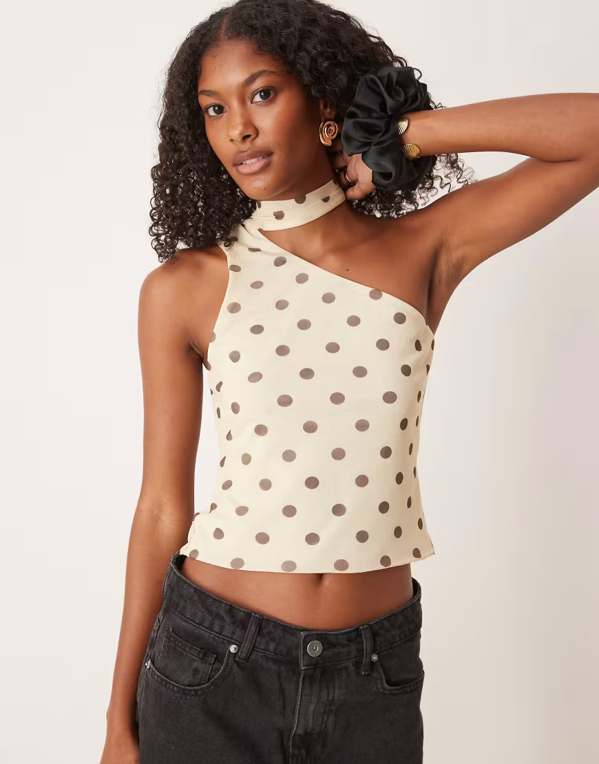 ASOS DESIGN mesh one shoulder scarf detail top in cream spot print-Multi | ASOS (Global)