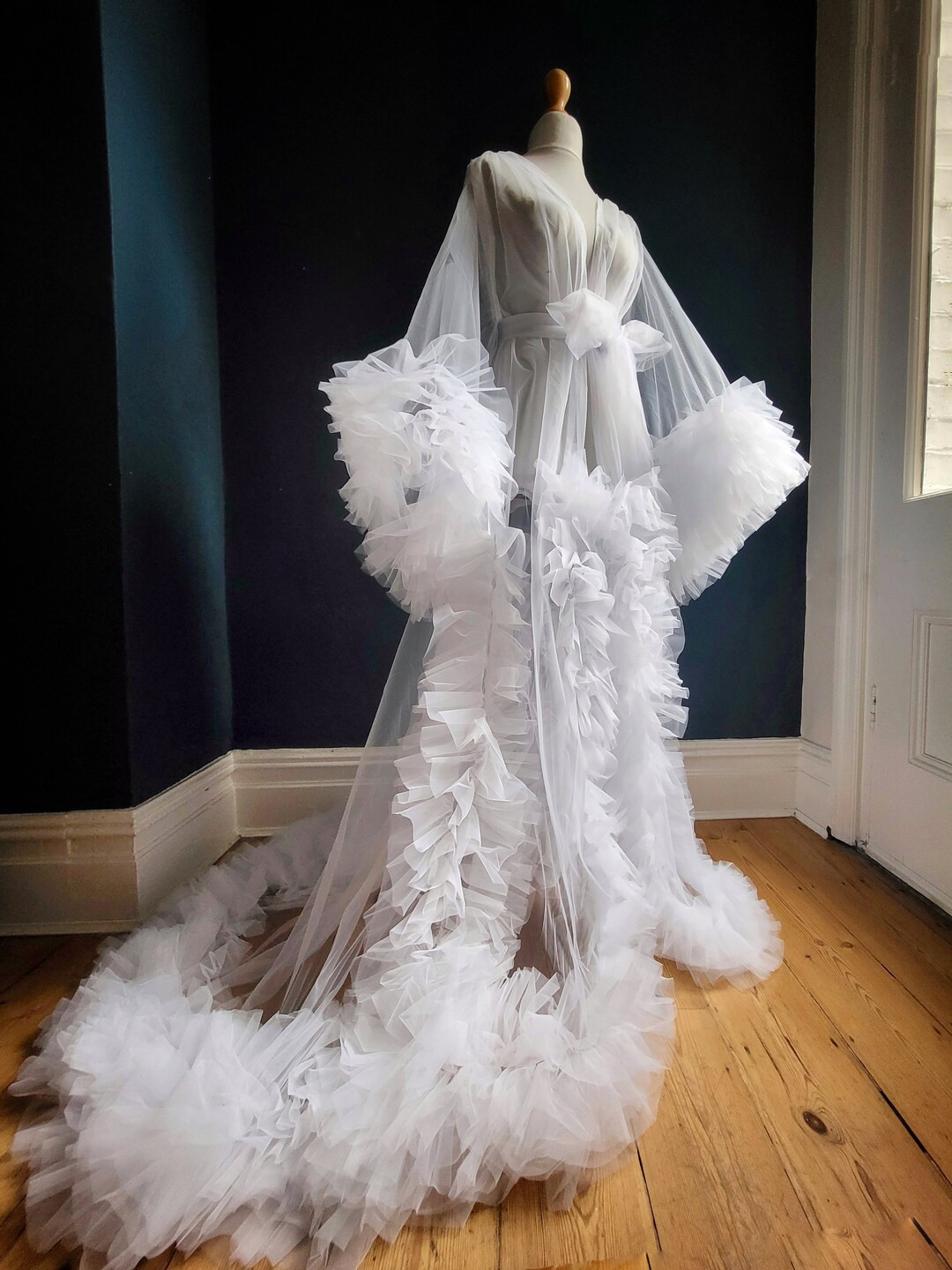 The LUNA Ruffled, Tulle Bridal,robe With Train - Etsy | Etsy (US)