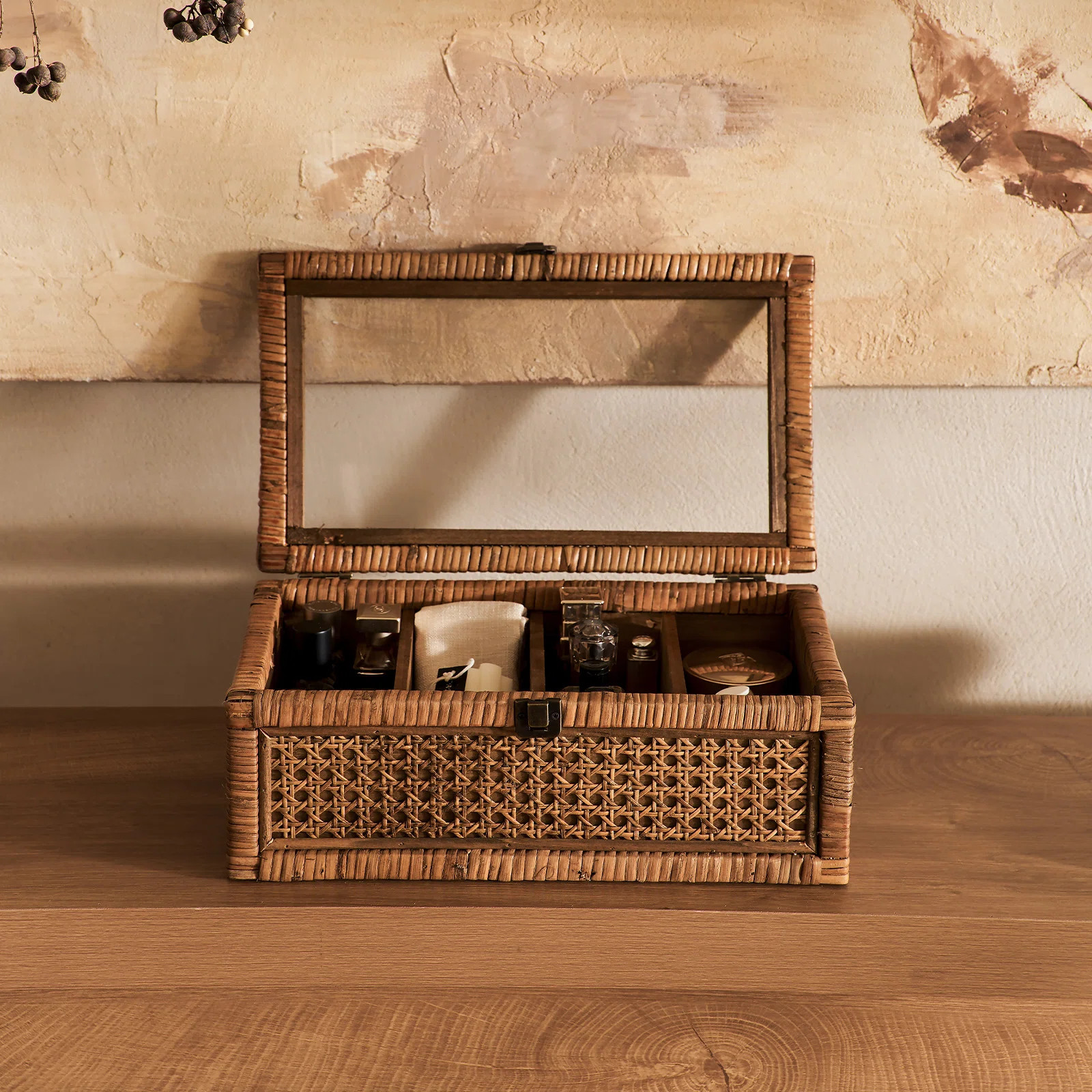 Rattan Decorative Storage Box with Glass Top, Natural Woven Organizer with Compartments | Wayfair North America