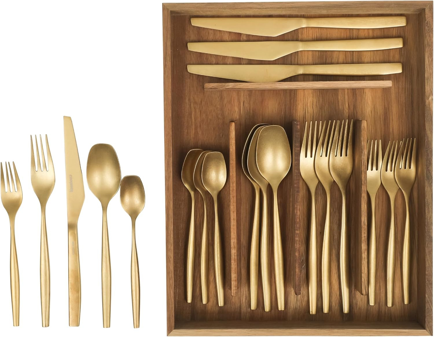 Two Time Oprah's Favorite Things Winner - 20 Piece Stone Washed Gold Flatware 18/10 Stainless Steel Silverware Cutlery Utensil Set With Acacia Wood Caddy - Service for 4 | Amazon (US)