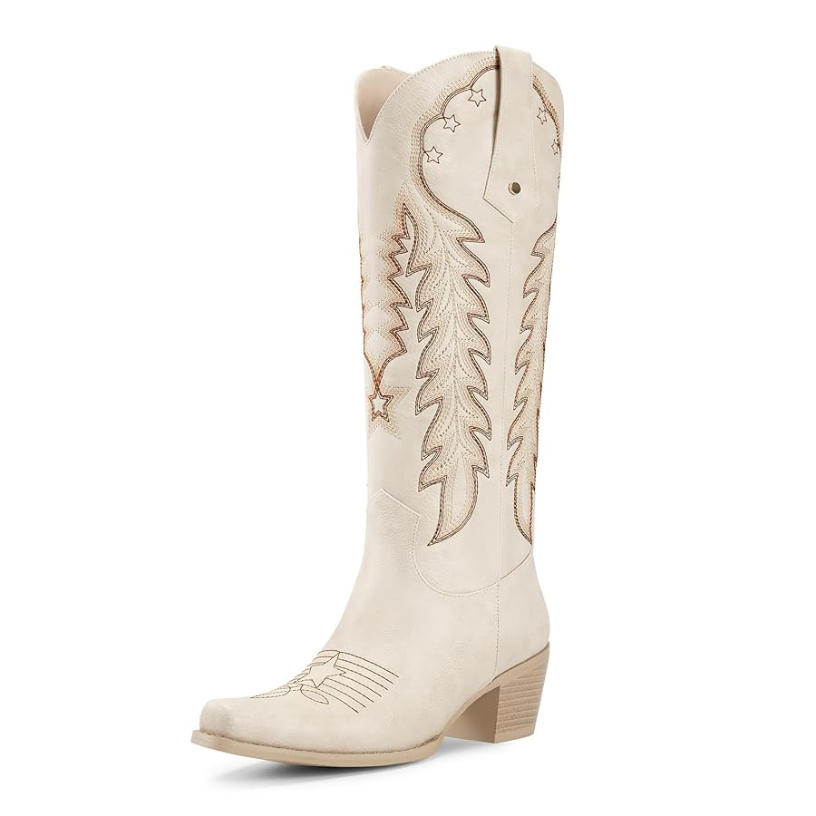 wetkiss Cowboy Boots for Women Knee High Cowgirl Boots Retro Embroidered Chunky Heels Pointed Toe... | Amazon (US)