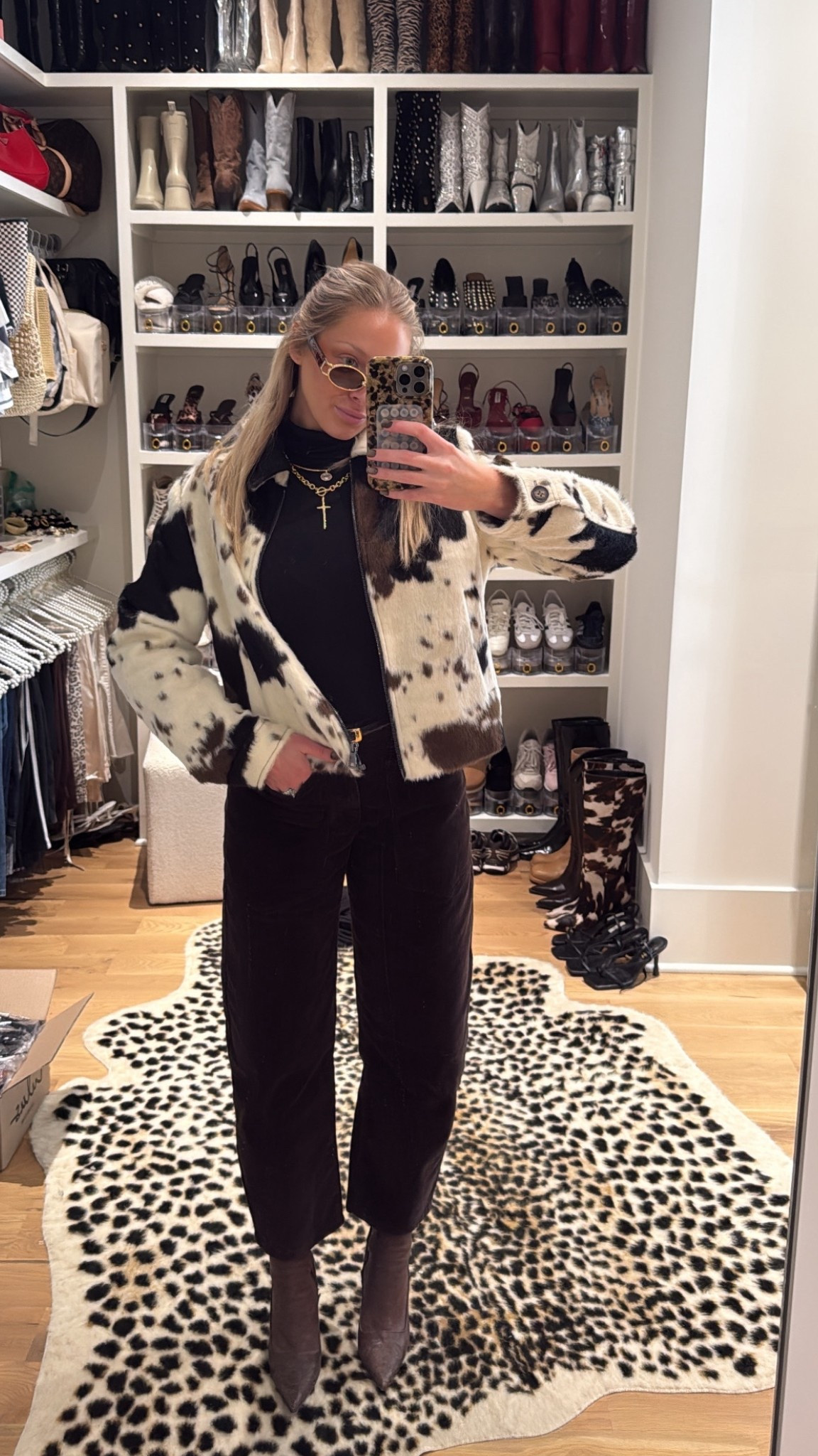 this faux cow hide is everything and it’s under $100 🫢 pants were a tjmaxx find // sunnies are thrifted // boots are old prada vintage boots. 

#LTKootd #LTKSaleAlert #LTKFindsUnder100