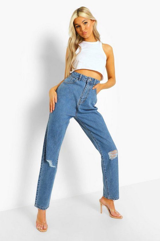 Tall Classic High Rise Distressed Mom Jeans | Boohoo.com (US & CA)