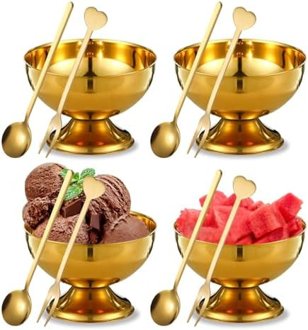 4Pcs Stainless Steel Ice Cream Bowls with 4 Spoons, 5 Oz Dessert Dishes Ice Cream Cups, Metal Des... | Amazon (US)