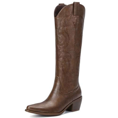 Platikly Brown Cowboy Boots for Women - Embroidered Western Cowgirl Boots, Wide Calf Knee High Tall Footwear, Almond Pointed Toe Chunky Heel Pull On Zipper Classic Retro Country Style US 7.5 | Amazon (US)