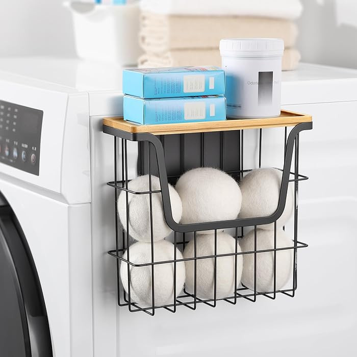 Magnetic Dryer Ball Holder - Black Basket for Laundry Room Organization and Storage with Bamboo T... | Amazon (US)