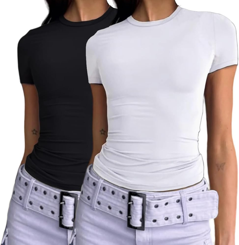 Dwnval Womens 2 Piece Sexy Casual Short Sleeve Crewneck Shirts Summer Slim Fit Cute Crop Tops | Amazon (US)