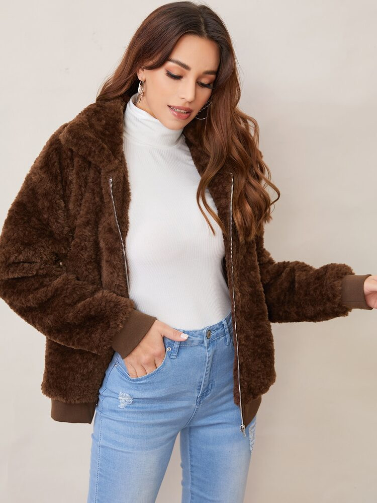 SHEIN Drop Shoulder Zip Up Fuzzy Jacket | SHEIN