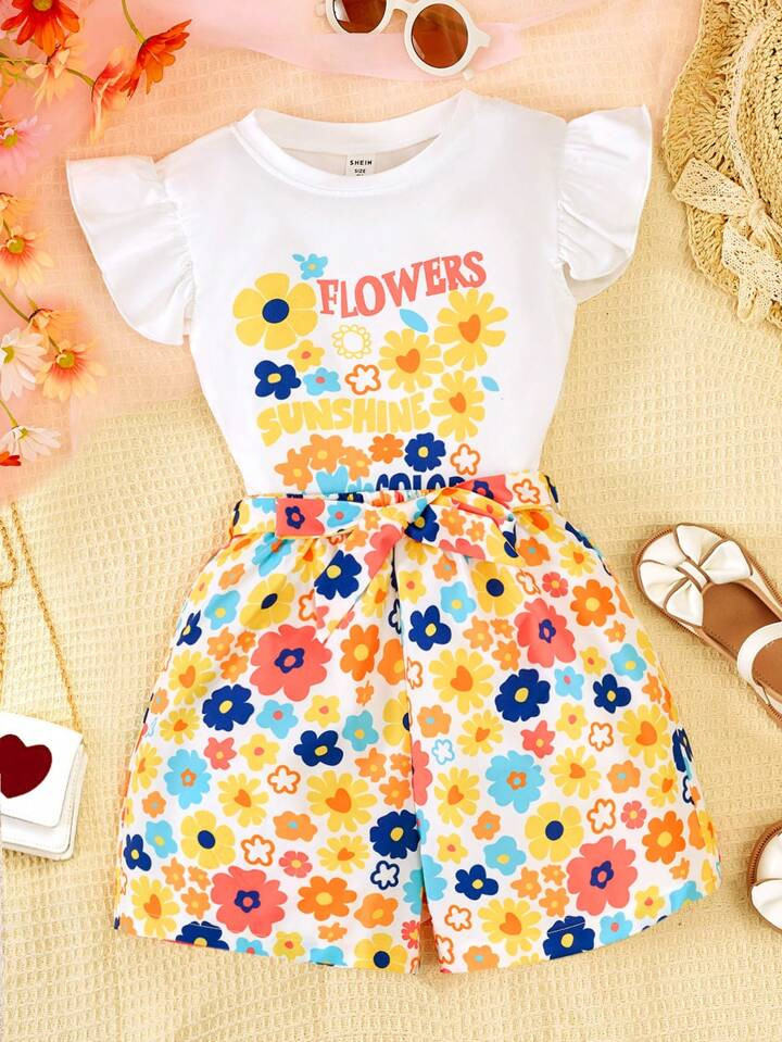 SHEIN Tween Girl Floral & Letter Graphic Ruffle Trim Tee & Belted Shorts | SHEIN USA | SHEIN