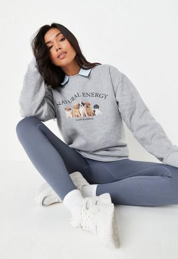Missguided - Gray Marl Natural Energy Dog Graphic Sweatshirt | Missguided (US & CA)