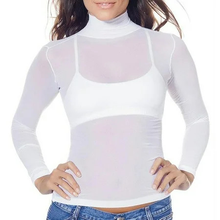 Lupo Second Skin Women s Long Sleeve Turtle Neck Sheer See Through Mesh Top White One-Size | Walmart (US)