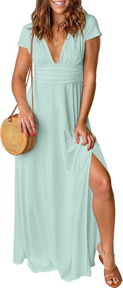 ANRABESS Women Summer Deep V Neck Short Sleeve Dresses Slit Elegant Wedding Guest Formal Cocktail... | Amazon (US)