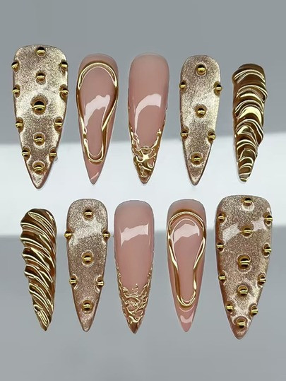 30pcs Medium-Long Almond-Shaped 3D Cat Eye Metallic Sunset Dreamy French Ins Style Detachable Nail Stickers, Suitable For Women's Daily, Work, Date Wear, Includes 1pc Jelly Gel + 1pc Nail File Nails Nail Supplies | SHEIN