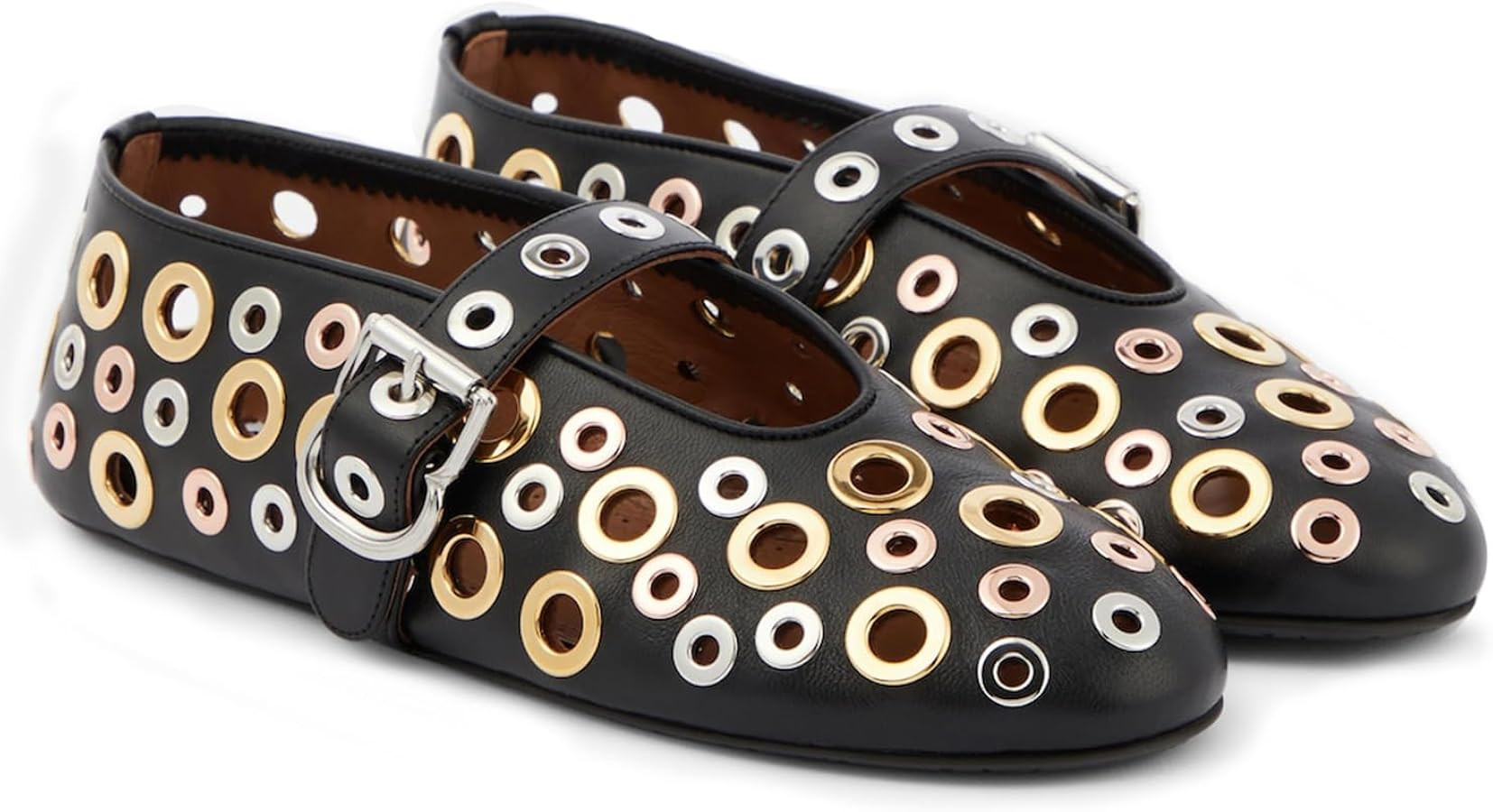 Ballet Flats for Women Round Toe Metal Buckle Strap Mesh Perforated Studded Mary Jane Comfortable... | Amazon (US)