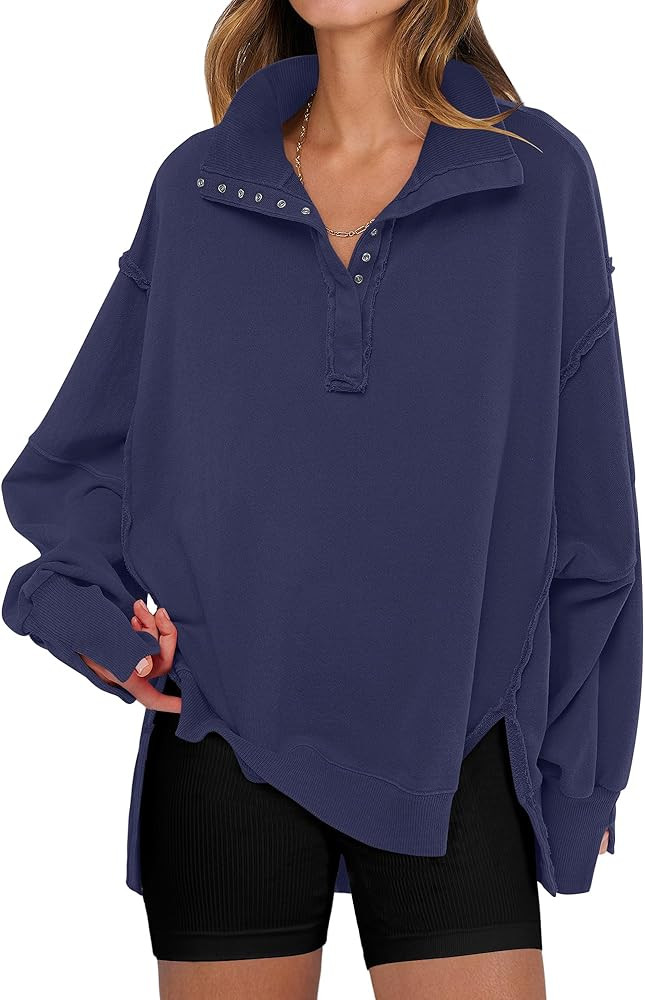 ANRABESS Women's Sweatshirts Oversized Casual Loose Button Up Henley Pullover Top High Low Split ... | Amazon (US)