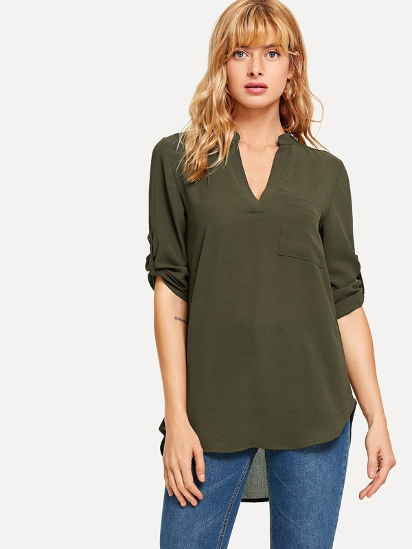 Rolled Sleeve Dip Hem Blouse | SHEIN