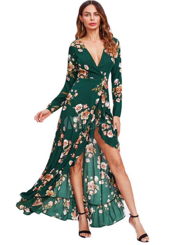 Women Maxi Dresses Chiffon Floral Dress Green V Neck Long Sleeve Ruffles High Low Boho Dress | Milanoo