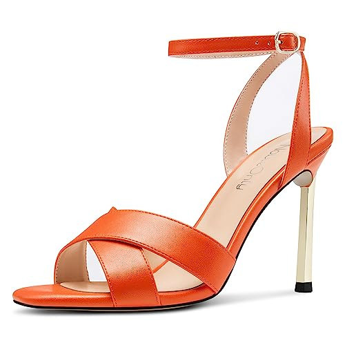 NobleOnly Womens Stiletto High Heel Open Toe Ankle Strap Cross-Strap Sandals Buckle Casual Party Dress Shoes Orange 5 M US | Amazon (US)