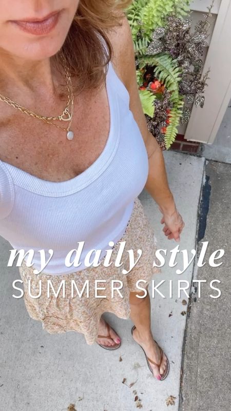 What I'm Wearing - Summer Outfit - Yellow floral smocked skirt, white tank, Gorjana necklaces, Cognac Brown leather flat sandal thongs #summeroutfits #countryconcerts #summertrends2024 #shopwithme #dailyfinds #dailystylefinds #Over40Style #Over50Style

#LTKSummerSales #LTKOver40 #LTKVideo