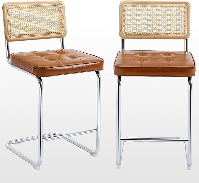 Zesthouse Modern Counter Height Stools, 24'' Natural Rattan Counter Stools Set of 2, Faux Leather... | Amazon (US)