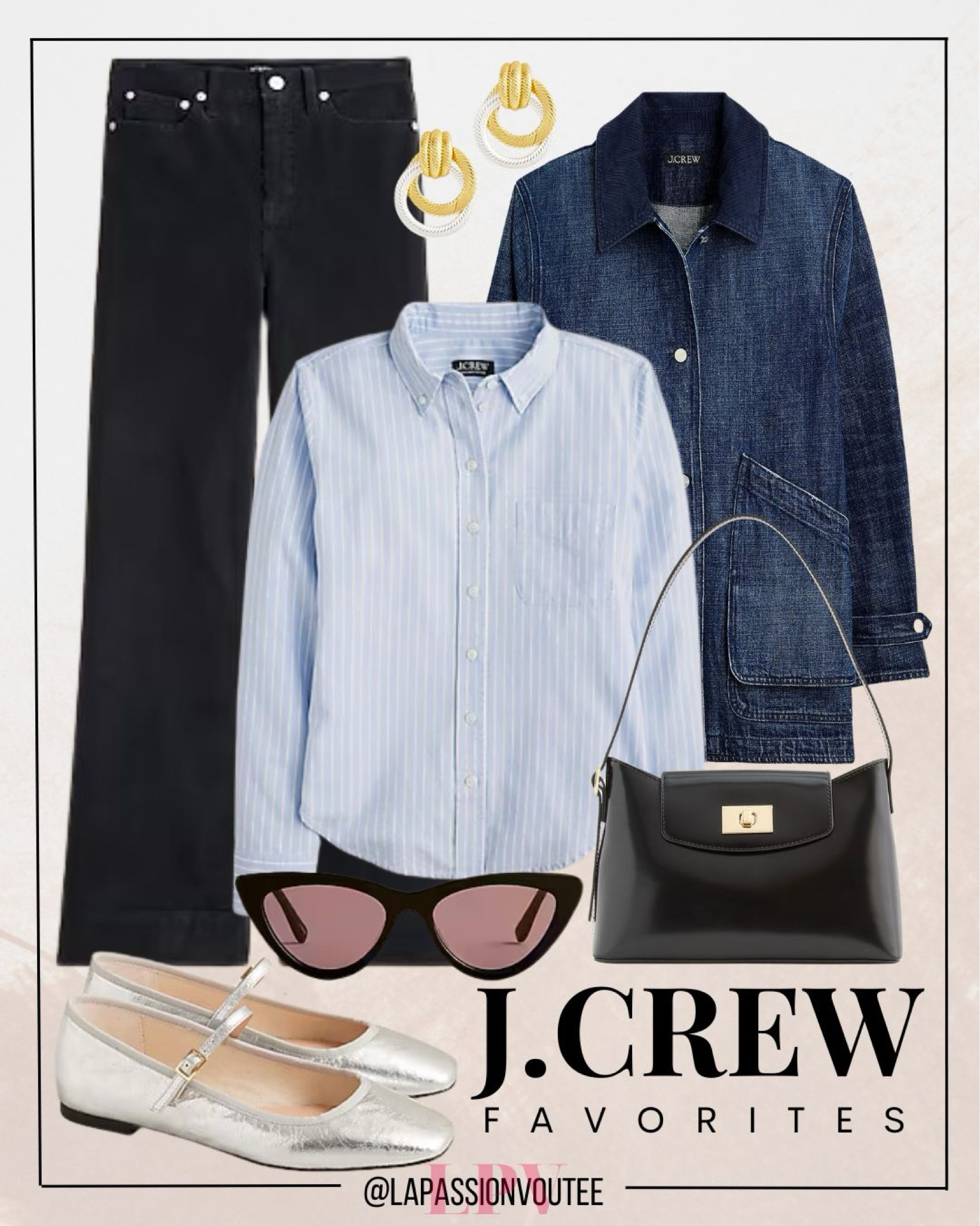 For a perfect fall ensemble, pair a J.Crew denim barn jacket with a crisp button-up shirt and slim wide-leg pants. Add classic hoop earrings, chic sunglasses, and a sleek shoulder bag. Finish with timeless Mary Jane flats for a polished look.

#LTKFallSale #LTKSaleAlert #LTKStyleTip