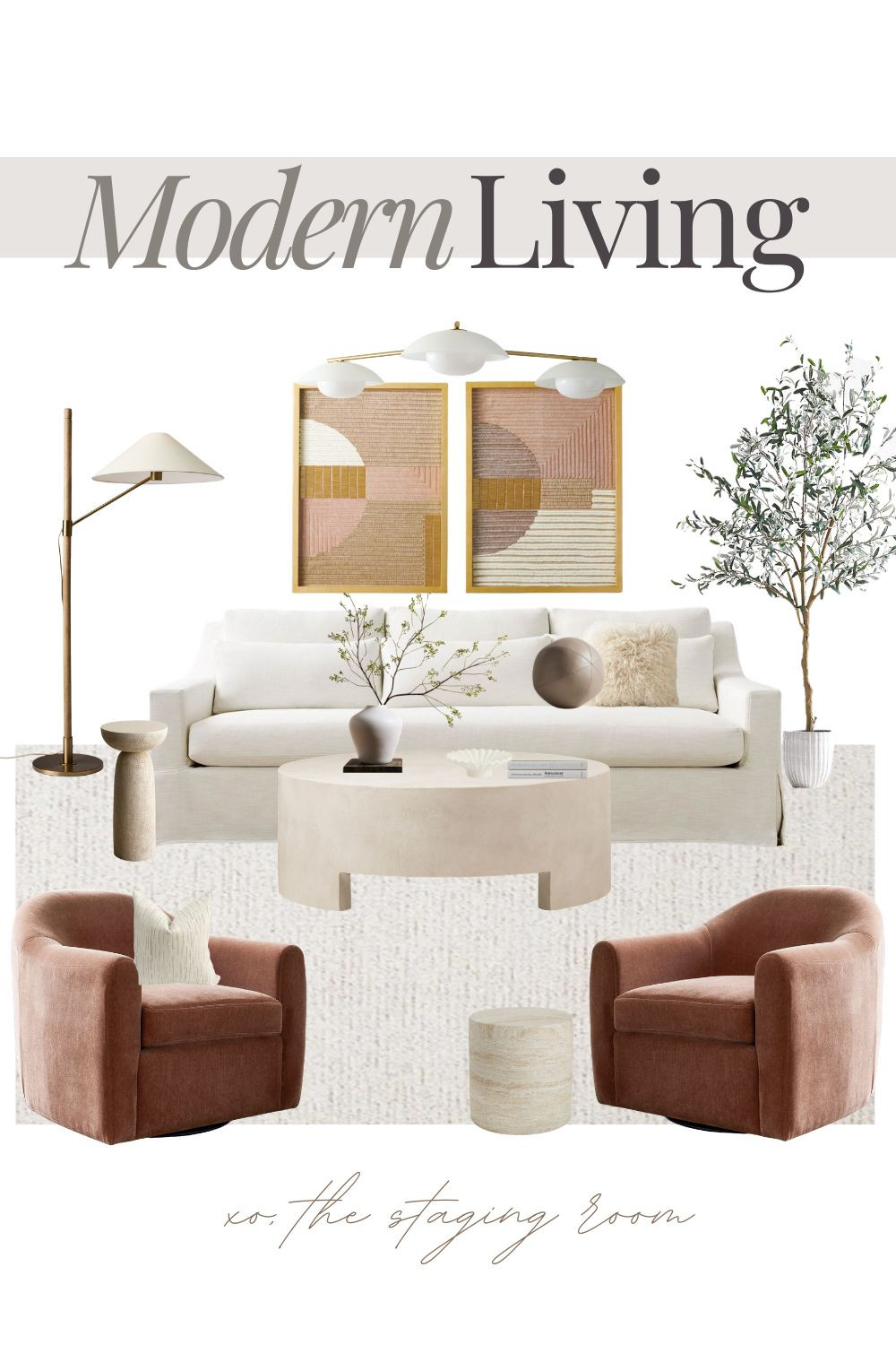 Create a modern living space that balances warmth and texture with a curated organic modern aesthetic. This design is anchored by a slipcovered white sofa and a pair of rust velvet swivel chairs to achieve a sophisticated quiet luxury vibe.

To maintain an evergreen appeal, this mood board incorporates tonal staples like a concrete coffee table, a travertine side table, and a sculptural pedestal stool. 

The look is finished with a striking brass multi-arm chandelier, an arched floor lamp, and textured geometric wall art for a high-end editorial feel. These minimalist yet warm finds create a serene environment perfect for a timeless home refresh.#livingroomdecor #organicmodern 

 

#LTKhome #LTKsale #LTKhome
