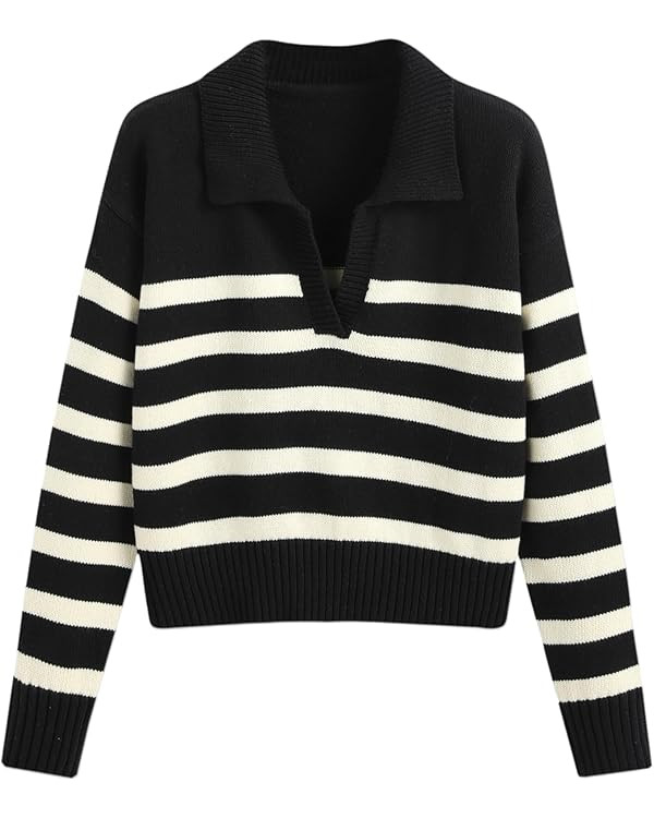 CIDER Women’s Polo Sweater Striped Collared Lightweight Long Sleeve V Neck Pullover Fall Sweate... | Amazon (US)