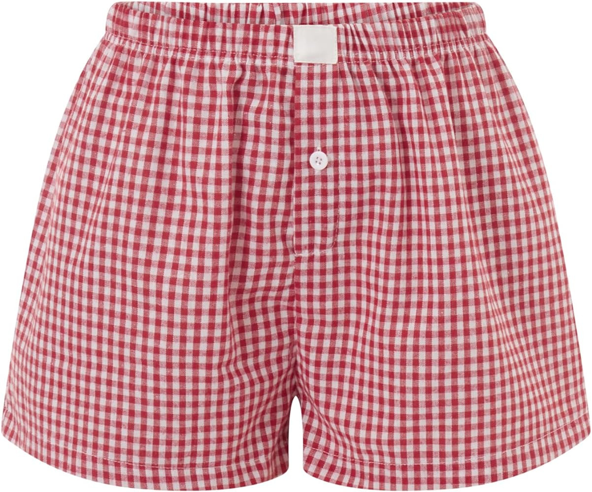 Y2k Plaid Shorts Cute Baggy Ginghem Boxer Shorts for Women Checked Lounge Pajama Bottom Preppy Sl... | Amazon (US)