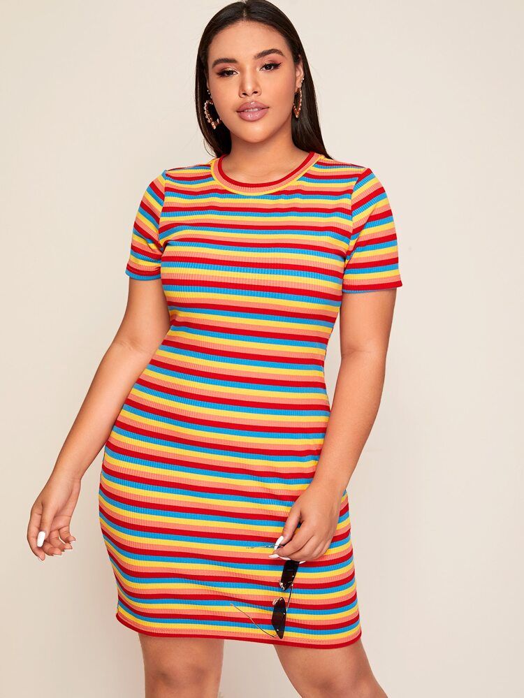 SHEIN Plus Rainbow Striped Rib-knit Dress | SHEIN