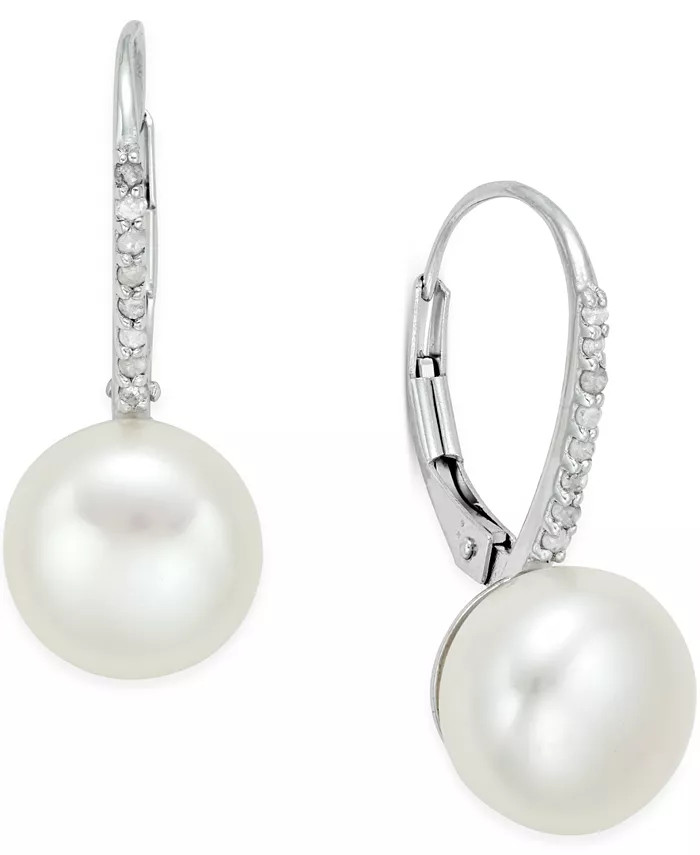 Macy's Cultured Freshwater Pearl (10mm) and Diamond (1/10 ct. t.w.) Leverback Earrings in Sterlin... | Macy's