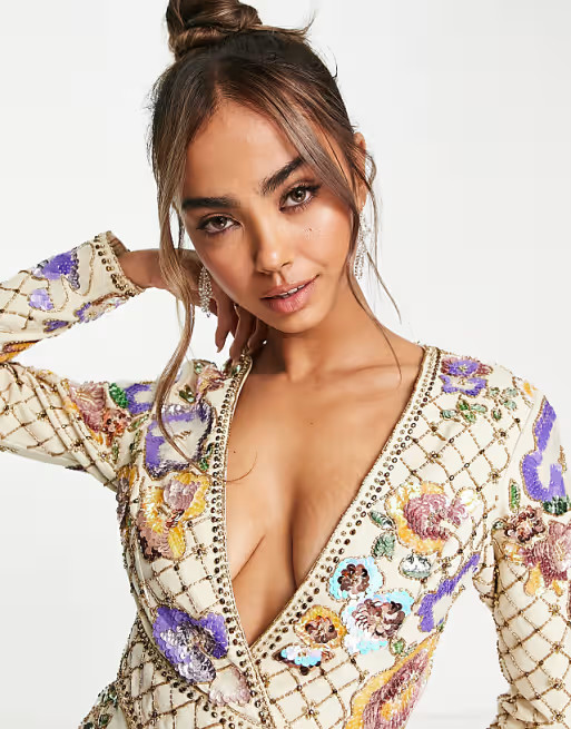 ASOS DESIGN Structured twill mini dress with art nouveau embellishment | ASOS (Global)